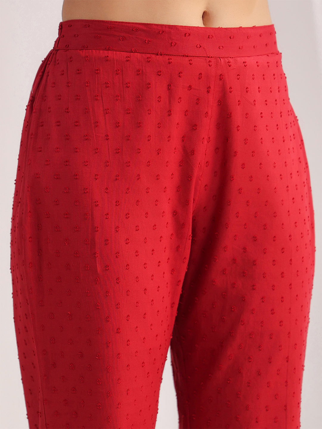 Janasya A-Line Dobby Cotton Maroon Solid V-Neck Co-Ords | Grocsy