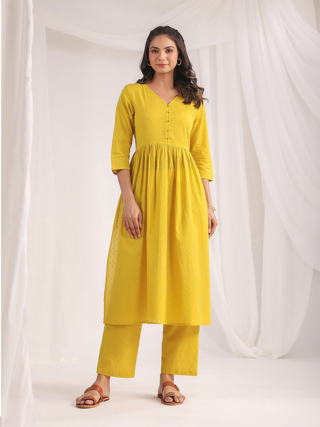 Janasya Gathering Dobby Cotton Yellow Self Design V-Neck Set | Grocsy
