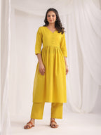 Janasya Gathering Dobby Cotton Yellow Self Design V-Neck Set | Grocsy