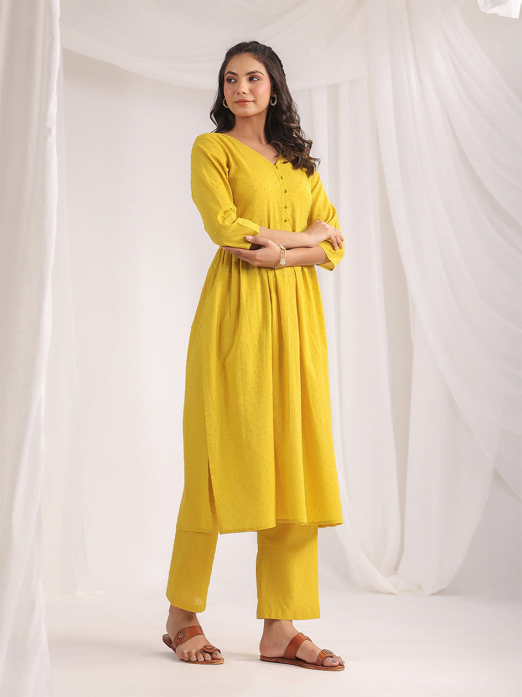 Janasya Gathering Dobby Cotton Yellow Self Design V-Neck Set | Grocsy
