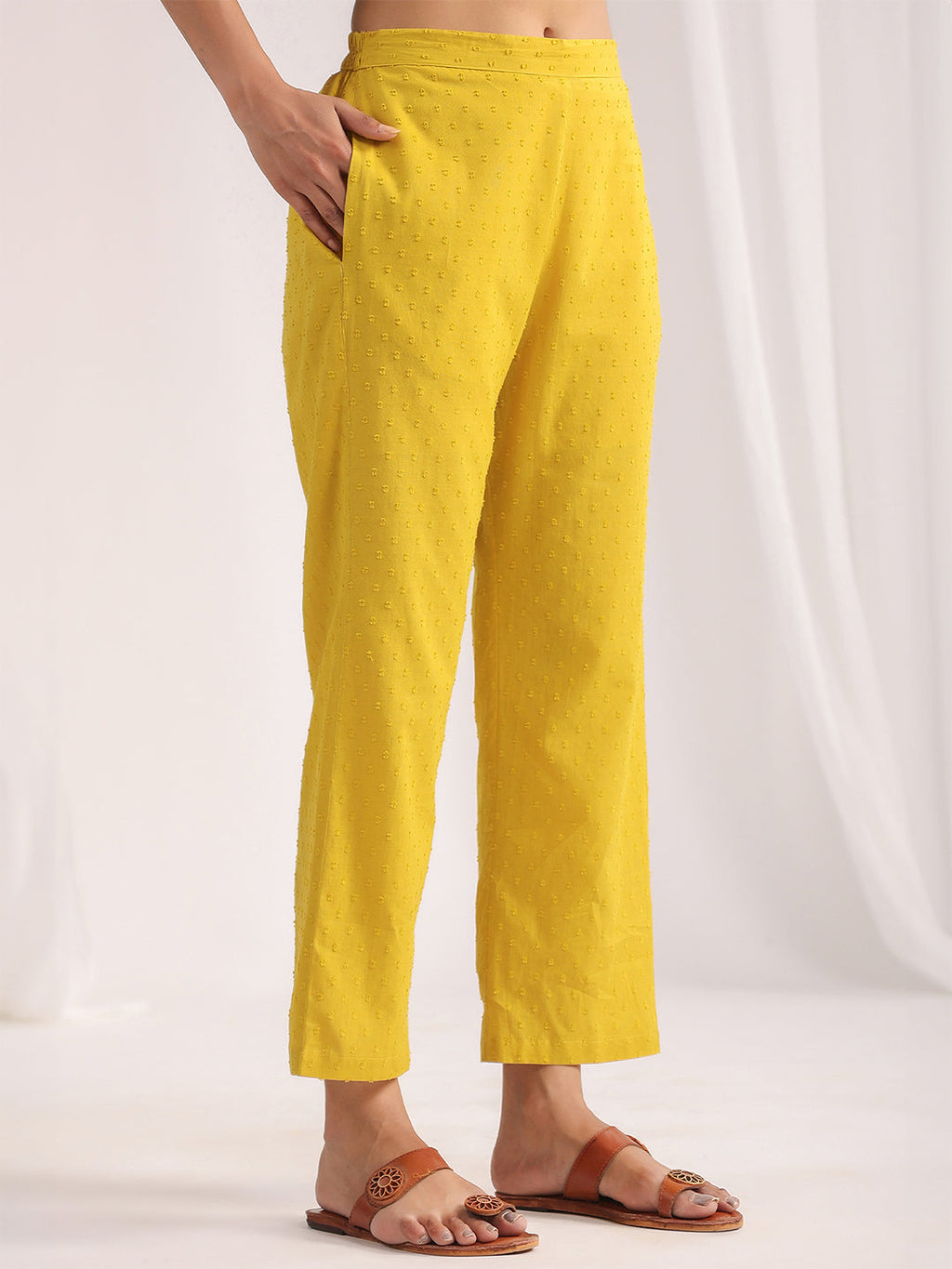 Janasya Gathering Dobby Cotton Yellow Self Design V-Neck Set | Grocsy