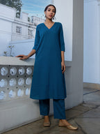 Janasya A-Line Dobby Cotton Teal Self Design V-Neck Co-Ords | Grocsy