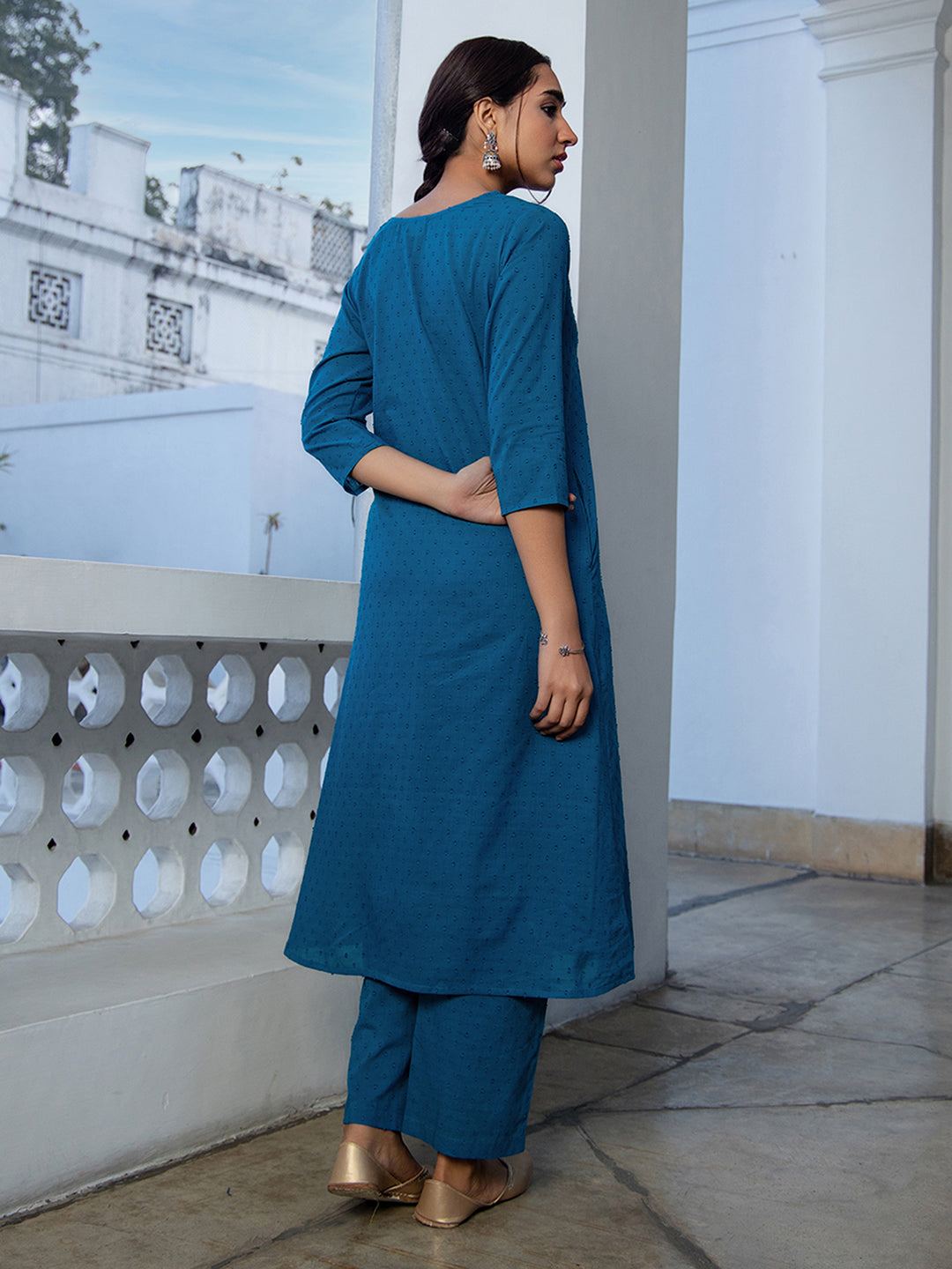 Janasya A-Line Dobby Cotton Teal Self Design V-Neck Co-Ords | Grocsy