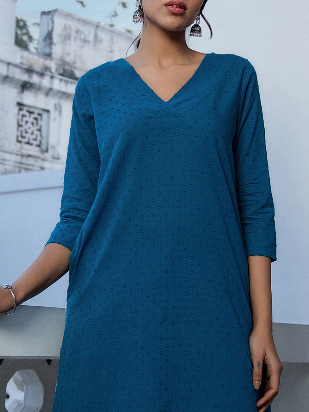 Janasya A-Line Dobby Cotton Teal Self Design V-Neck Co-Ords | Grocsy