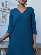 Janasya A-Line Dobby Cotton Teal Self Design V-Neck Co-Ords | Grocsy
