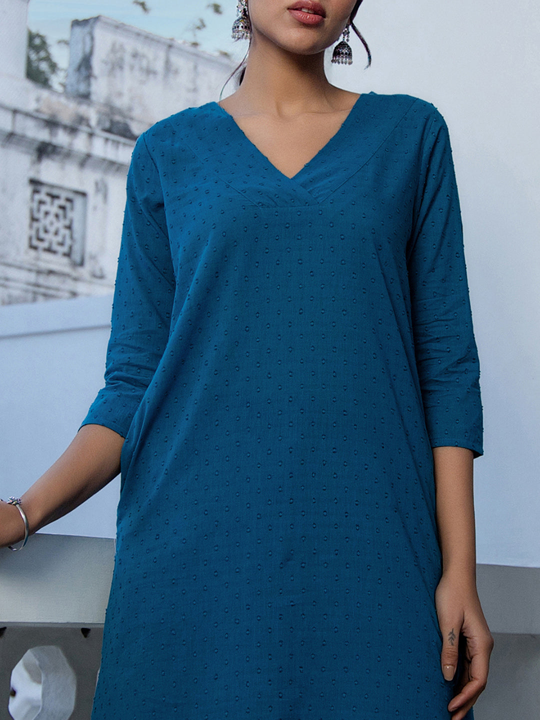 Janasya A-Line Dobby Cotton Teal Self Design V-Neck Co-Ords | Grocsy