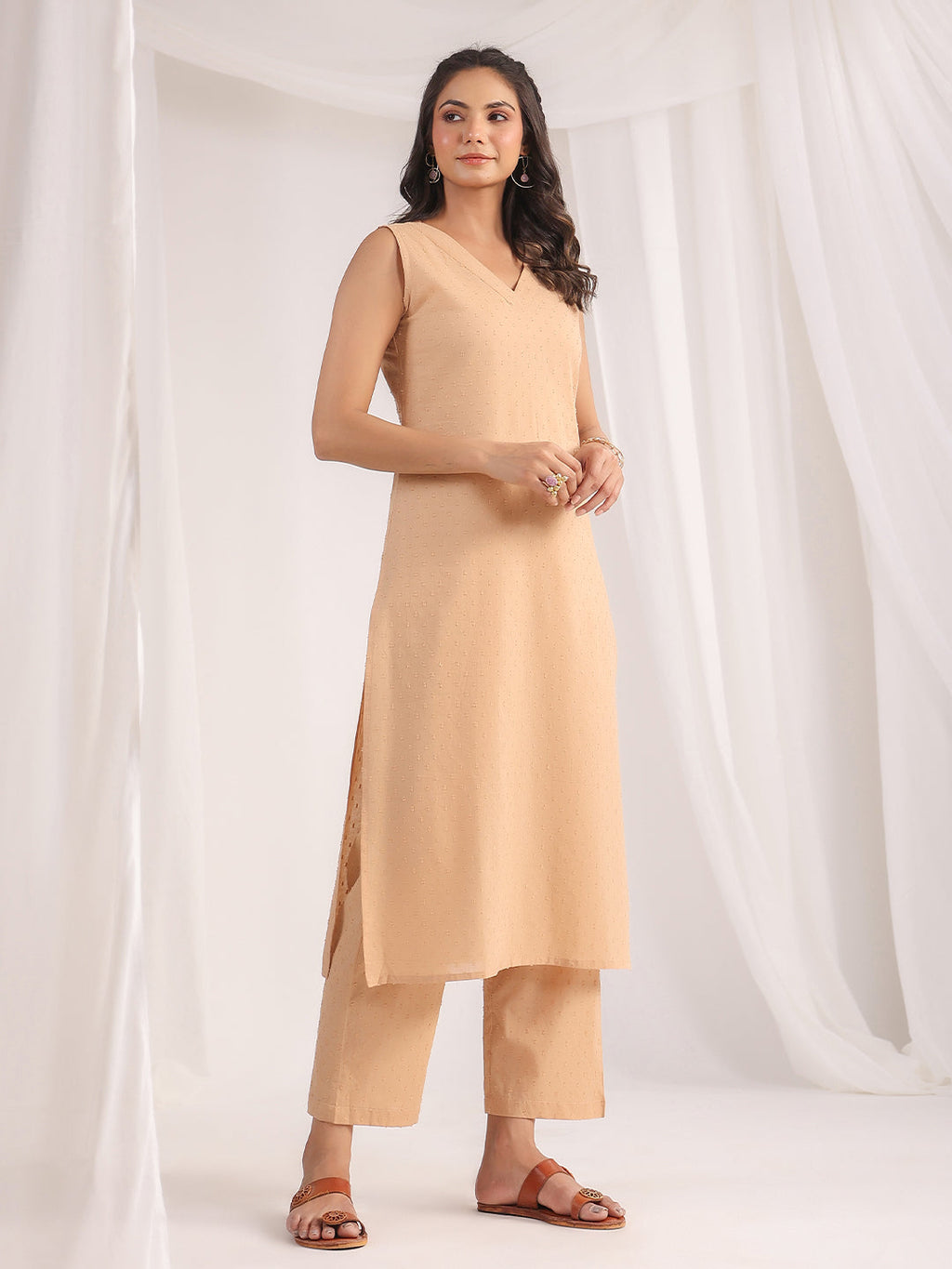Janasya Straight Dobby Cotton Beige Solid V-Neck Co-Ords | Grocsy