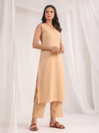 Janasya Straight Dobby Cotton Beige Solid V-Neck Co-Ords | Grocsy