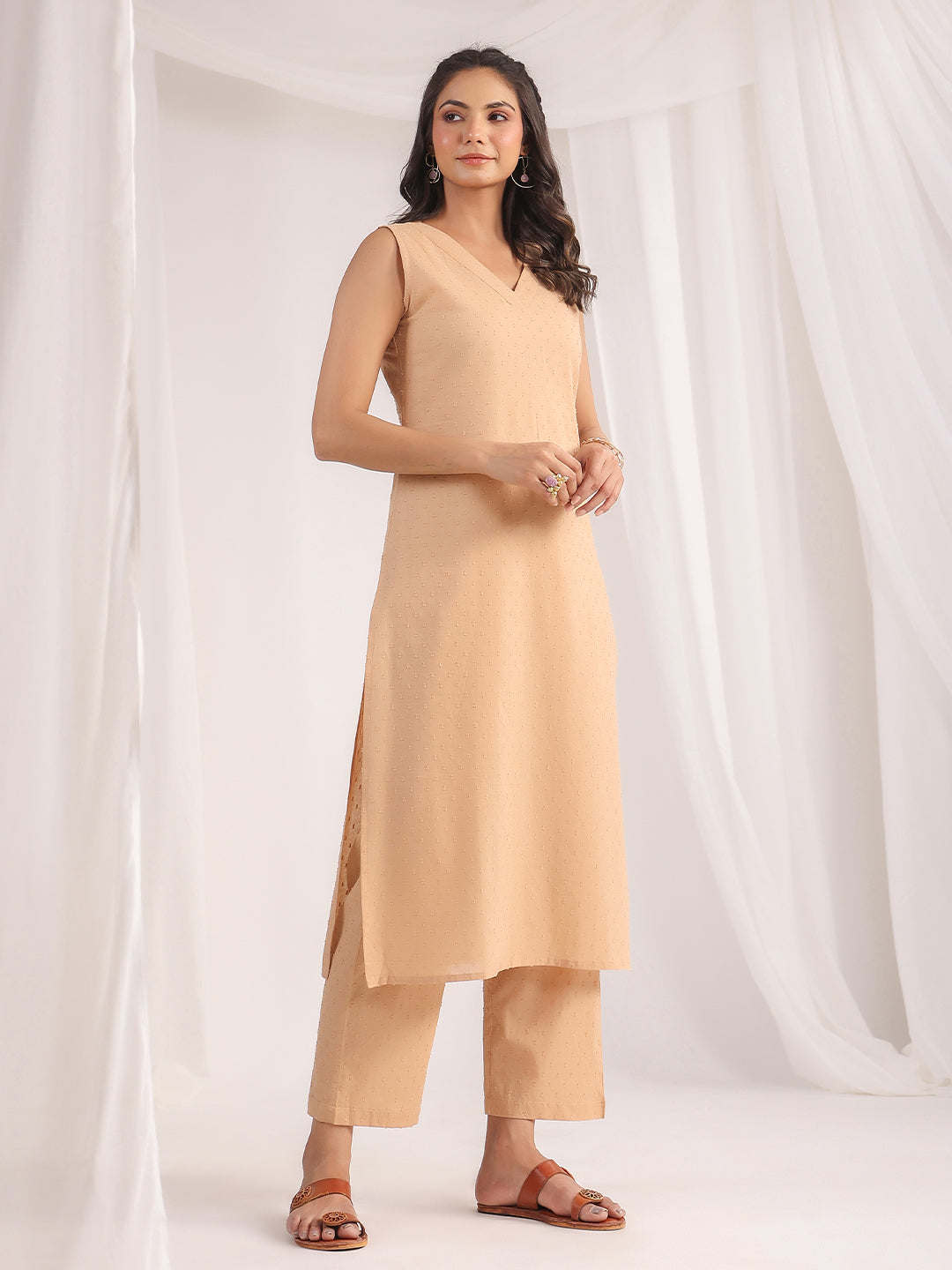 Janasya Straight Dobby Cotton Beige Solid V-Neck Co-Ords | Grocsy