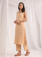 Janasya Straight Dobby Cotton Beige Solid V-Neck Co-Ords | Grocsy