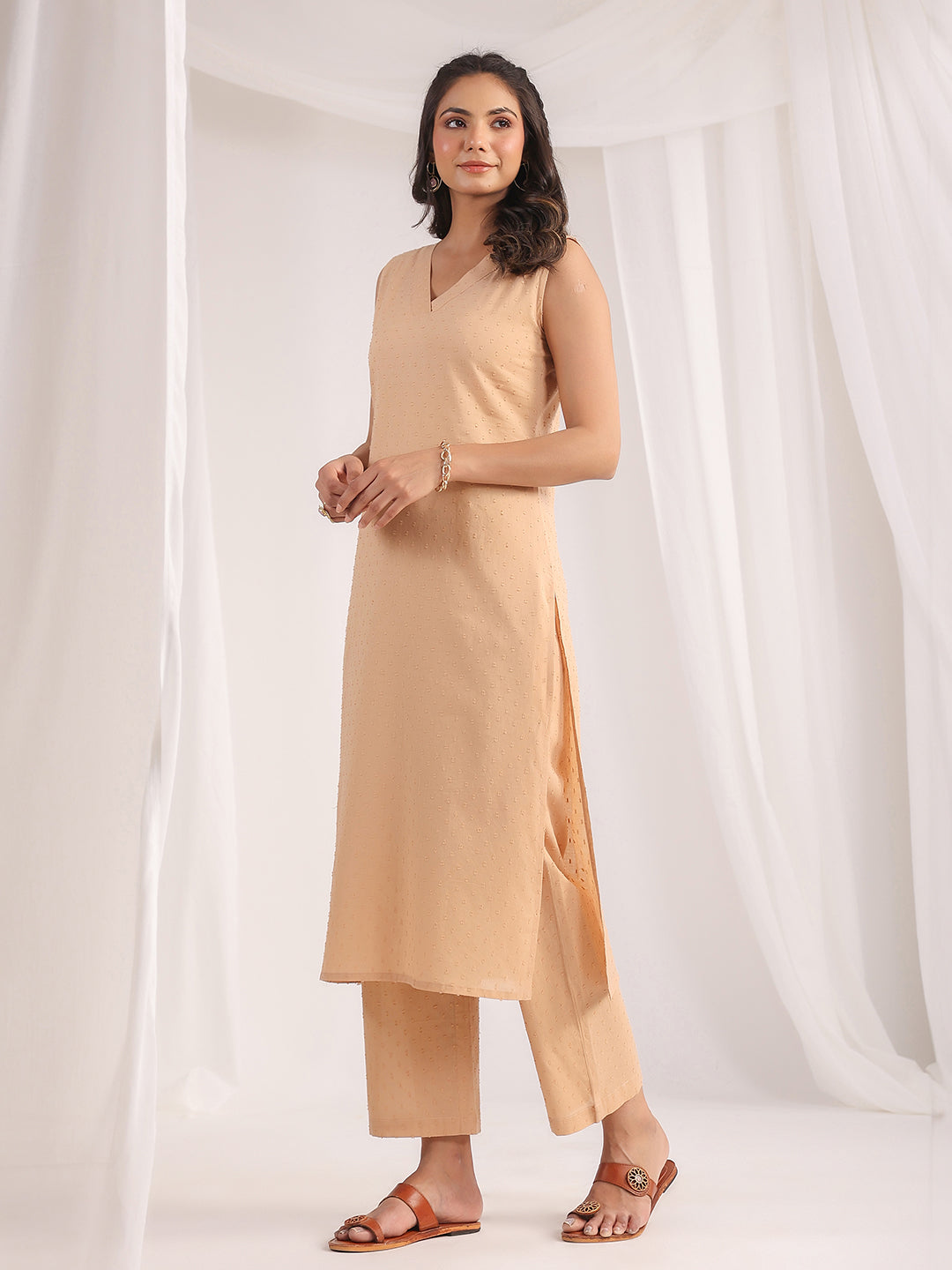 Janasya Straight Dobby Cotton Beige Solid V-Neck Co-Ords | Grocsy