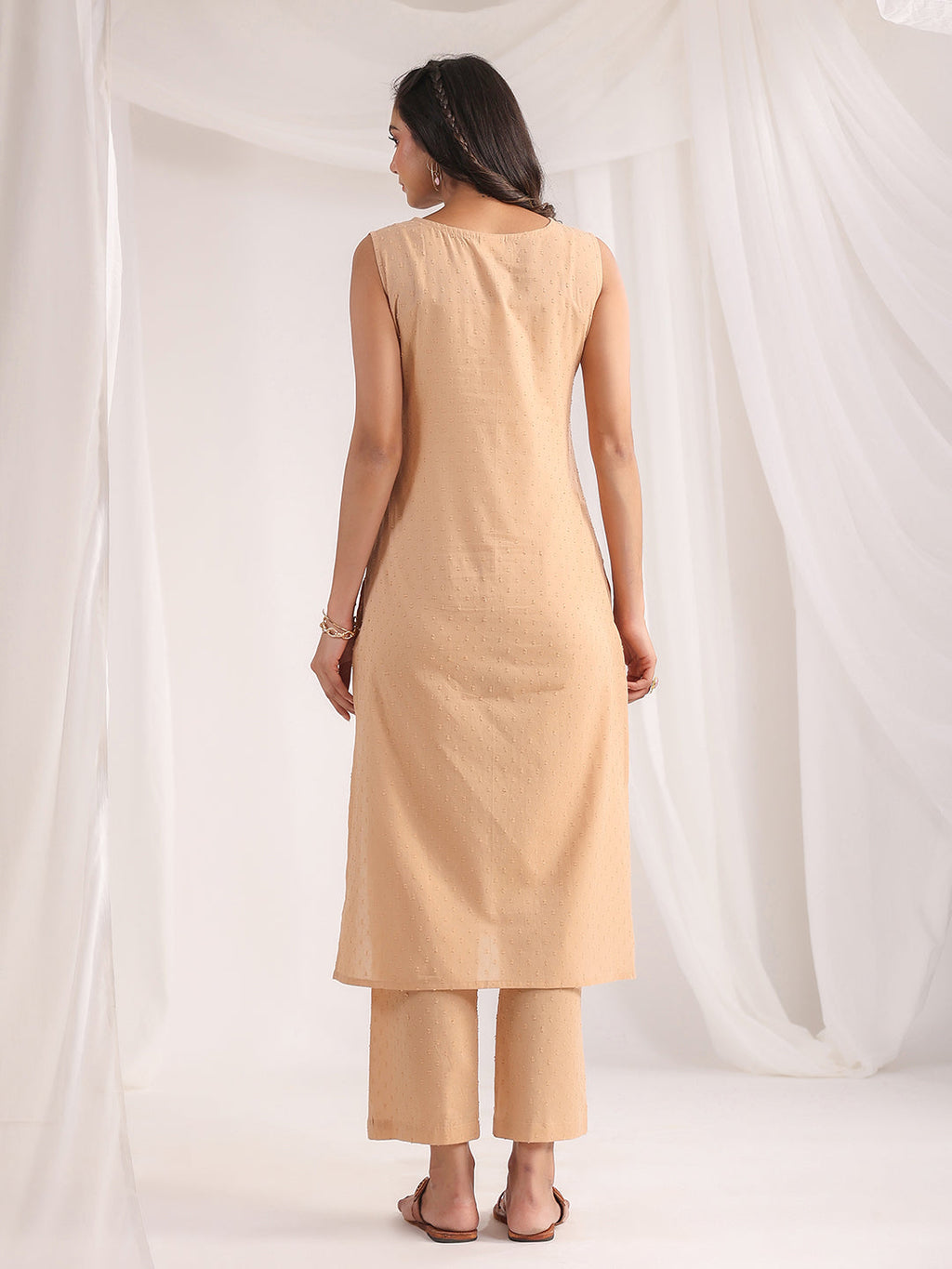 Janasya Straight Dobby Cotton Beige Solid V-Neck Co-Ords | Grocsy