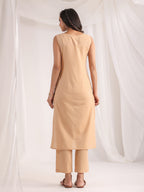 Janasya Straight Dobby Cotton Beige Solid V-Neck Co-Ords | Grocsy