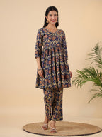 Janasya Navy Blue Cambric Ethnic Motifs Co-Ords | Grocsy