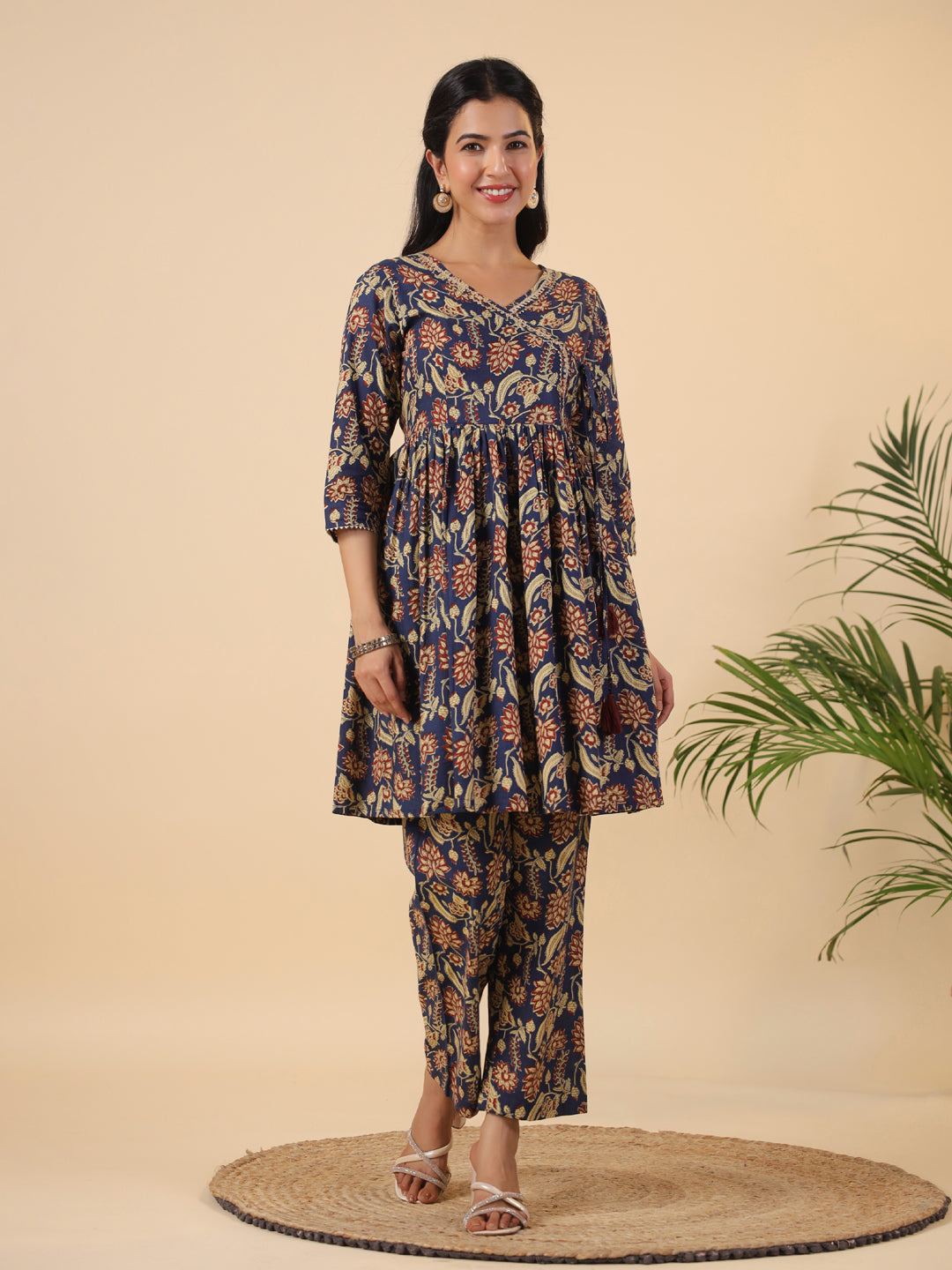 Janasya Navy Blue Cambric Ethnic Motifs Co-Ords | Grocsy