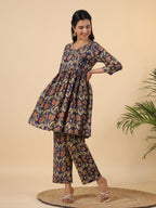 Janasya Navy Blue Cambric Ethnic Motifs Co-Ords | Grocsy