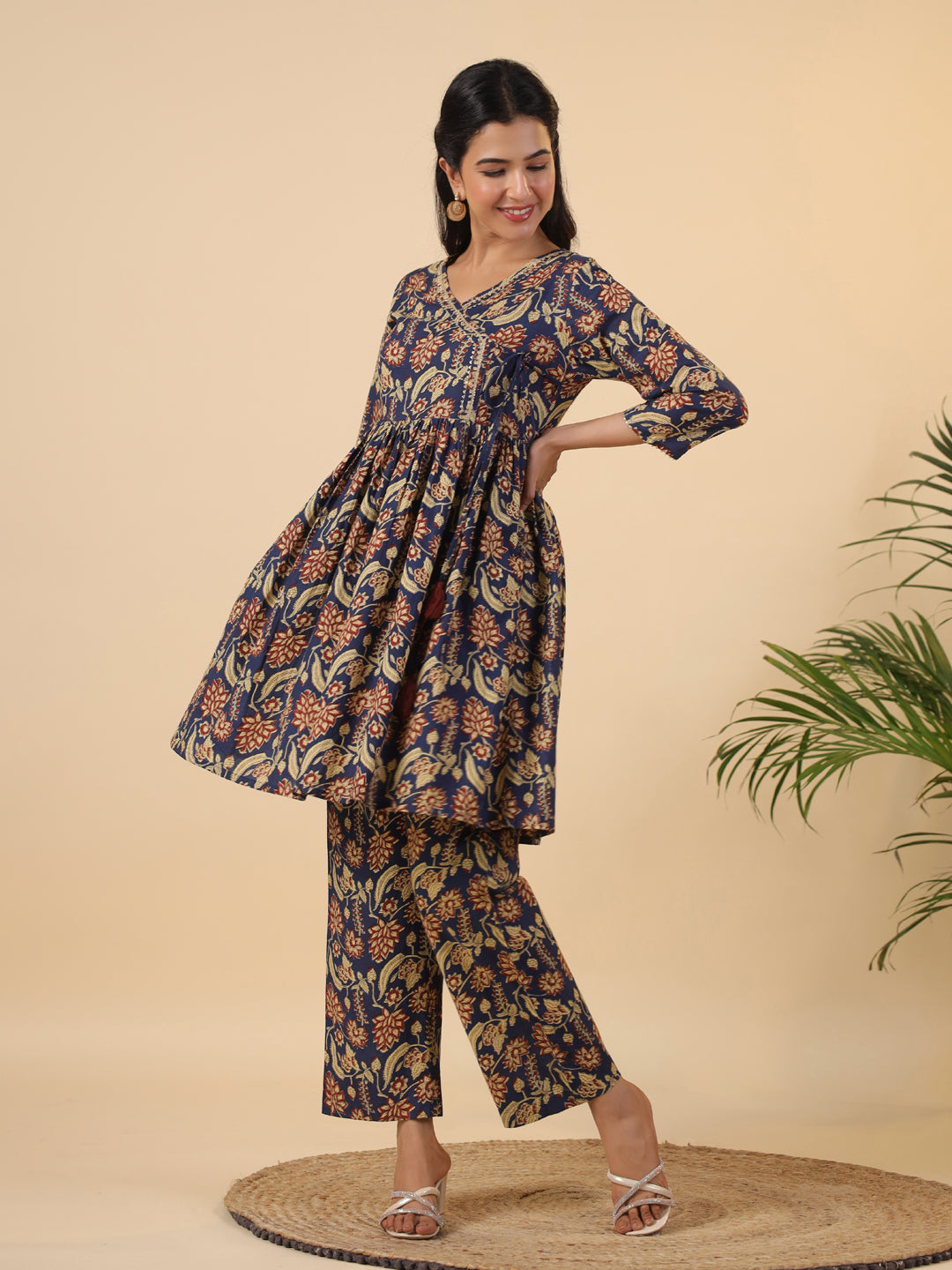 Janasya Navy Blue Cambric Ethnic Motifs Co-Ords | Grocsy