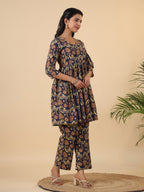 Janasya Navy Blue Cambric Ethnic Motifs Co-Ords | Grocsy