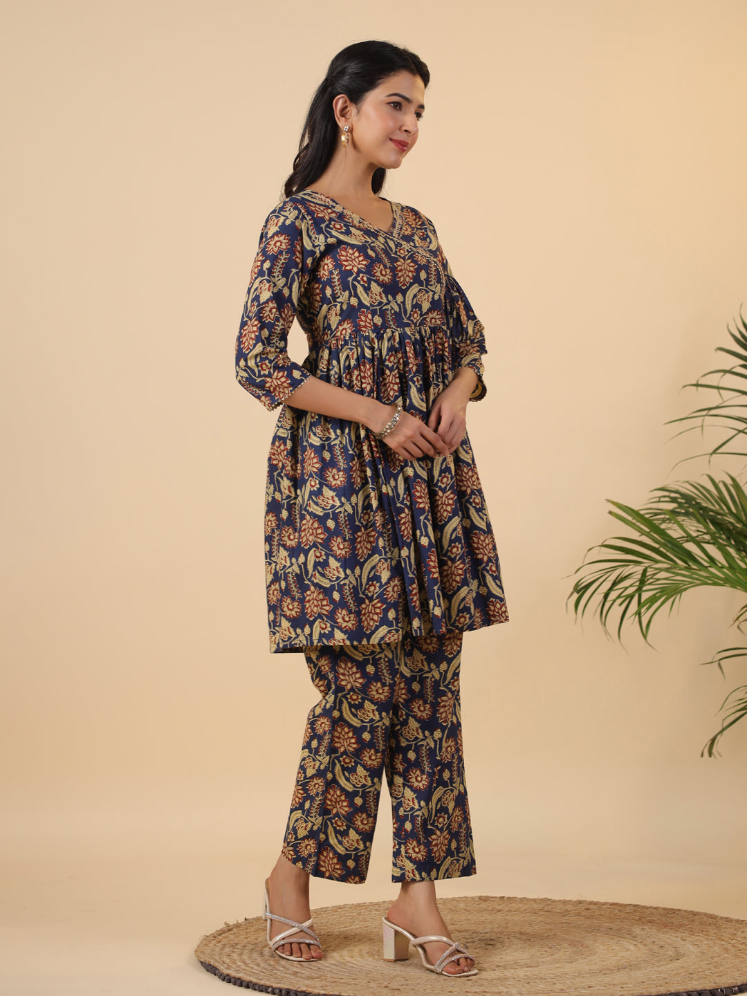 Janasya Navy Blue Cambric Ethnic Motifs Co-Ords | Grocsy