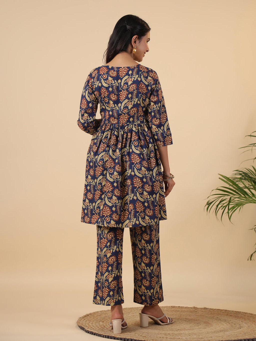 Janasya Navy Blue Cambric Ethnic Motifs Co-Ords | Grocsy