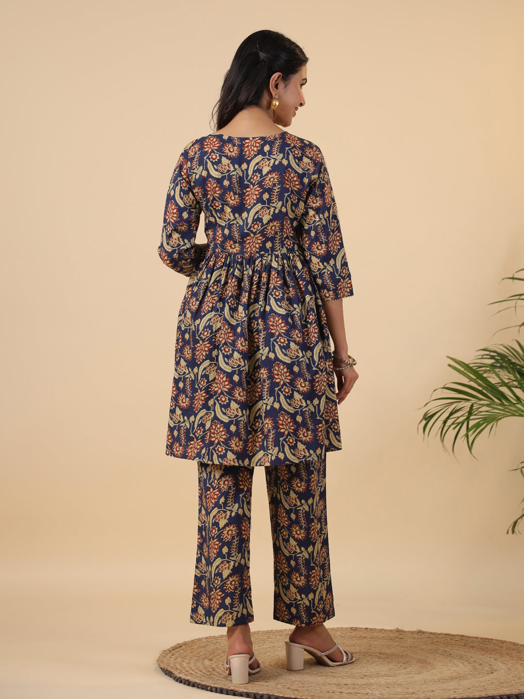Janasya Navy Blue Cambric Ethnic Motifs Co-Ords | Grocsy
