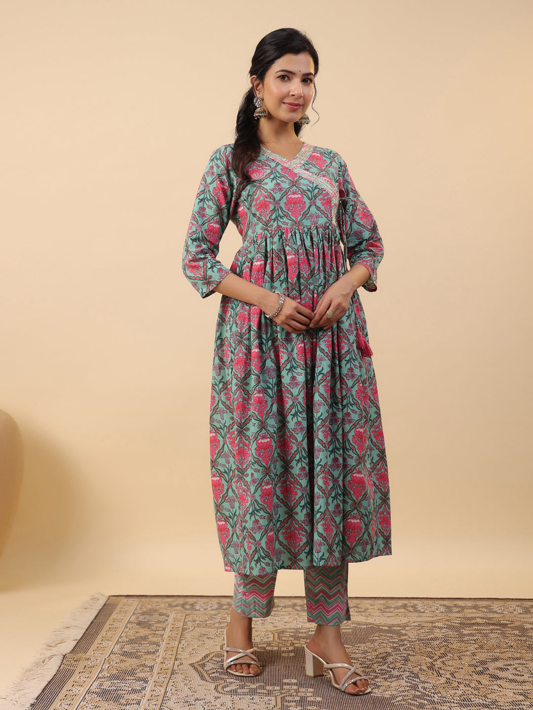 Janasya Green Cambric Ethnic Motifs Co-Ords | Grocsy