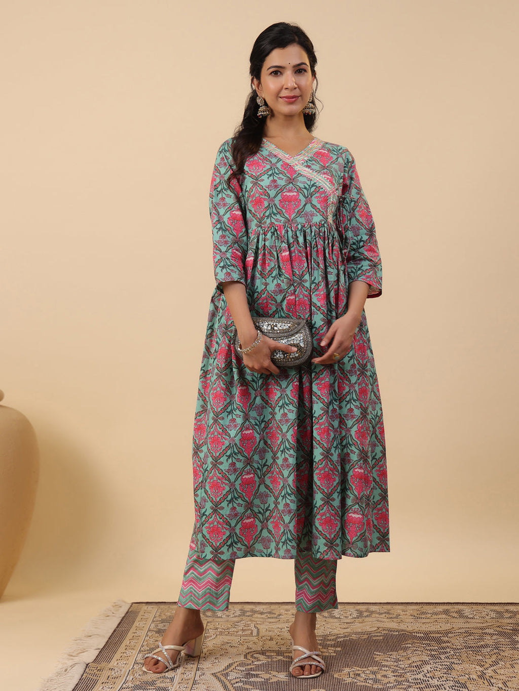 Janasya Green Cambric Ethnic Motifs Co-Ords | Grocsy