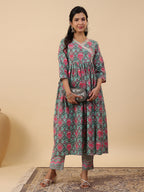 Janasya Green Cambric Ethnic Motifs Co-Ords | Grocsy