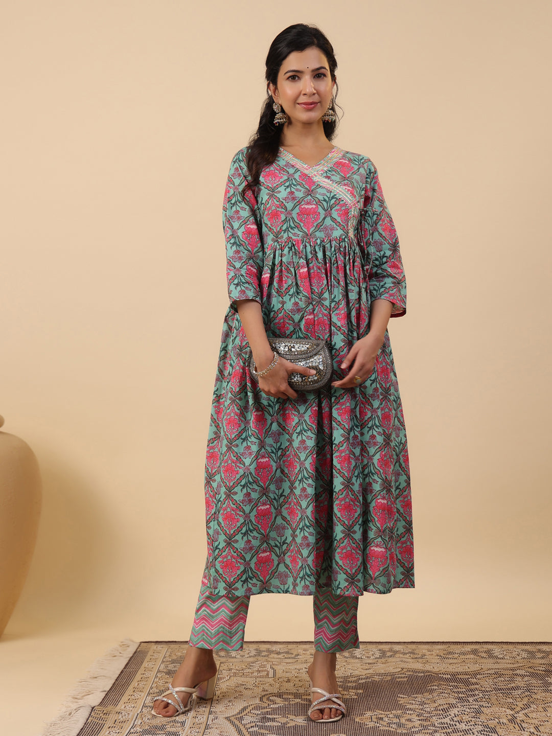 Janasya Green Cambric Ethnic Motifs Co-Ords | Grocsy