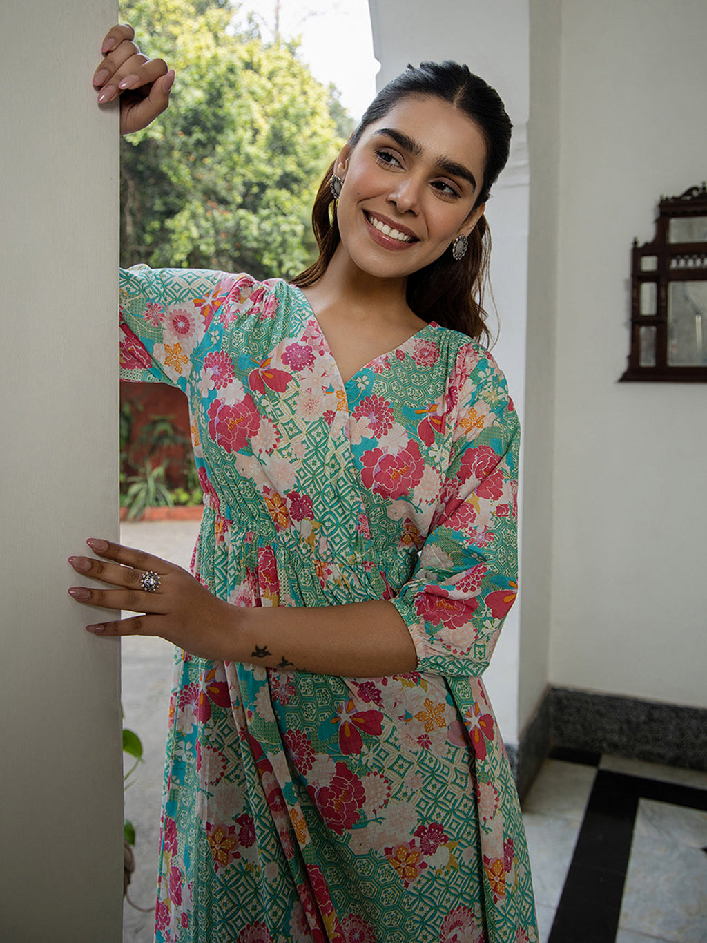 Janasya From Style Master Cotton Floral Fit & Flare Dress | Grocsy