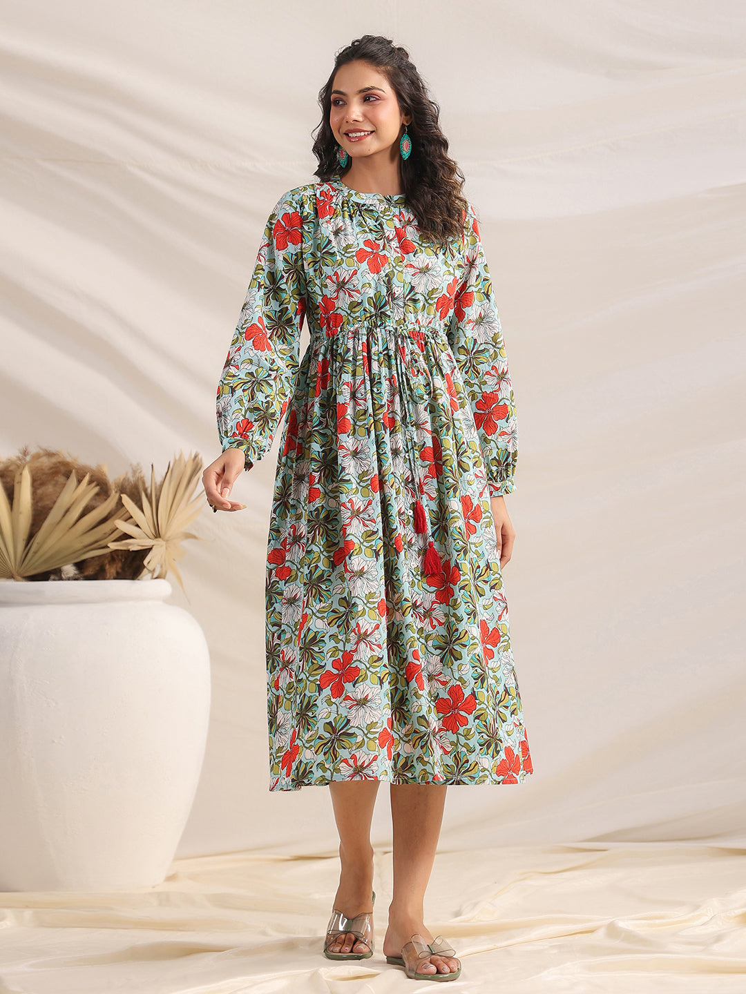 Janasya Pleated Cambric Blue Floral Band Collar Dress | Grocsy