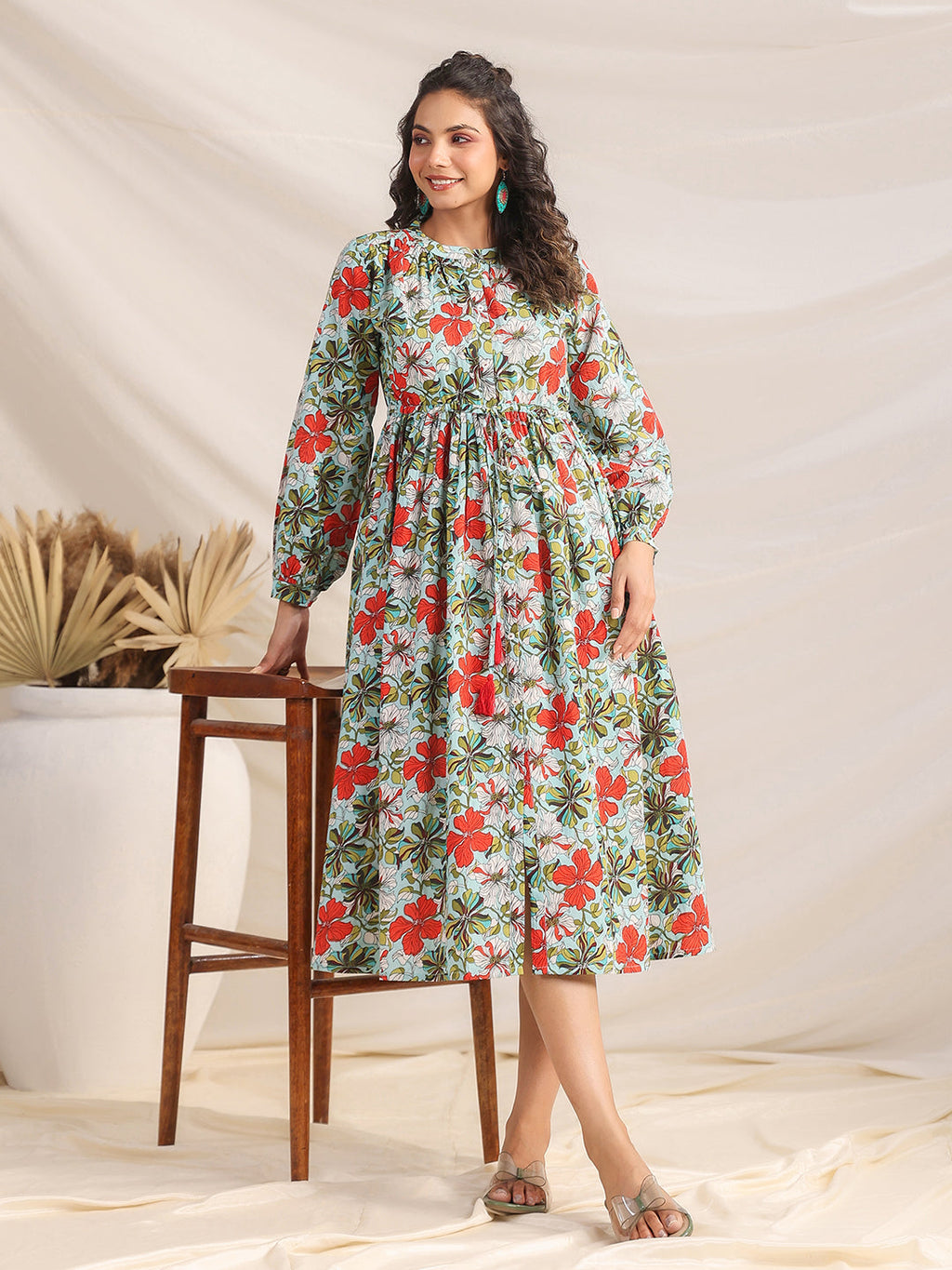 Janasya Pleated Cambric Blue Floral Band Collar Dress | Grocsy