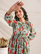 Janasya Pleated Cambric Blue Floral Band Collar Dress | Grocsy