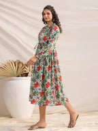 Janasya Pleated Cambric Blue Floral Band Collar Dress | Grocsy