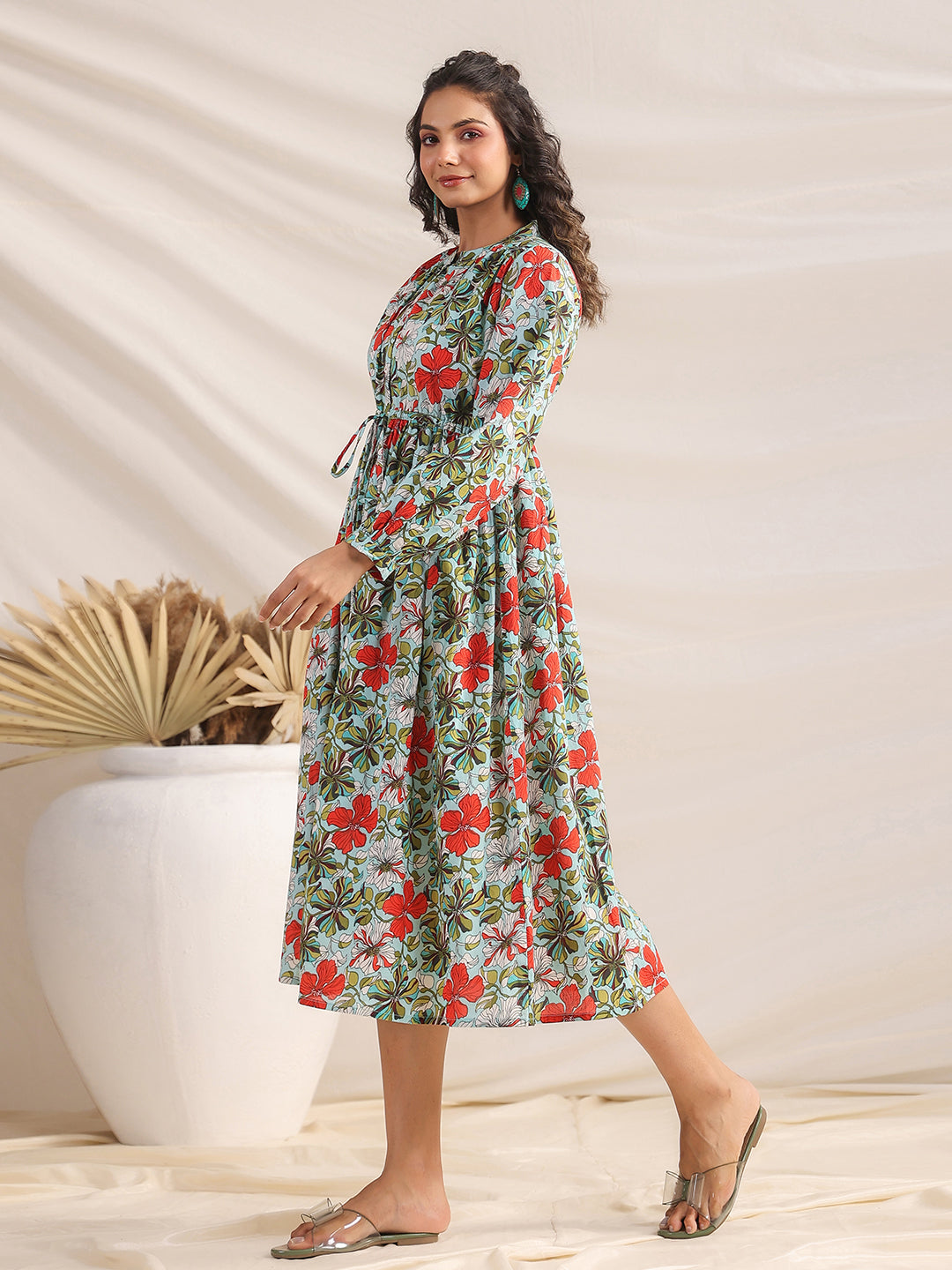 Janasya Pleated Cambric Blue Floral Band Collar Dress | Grocsy