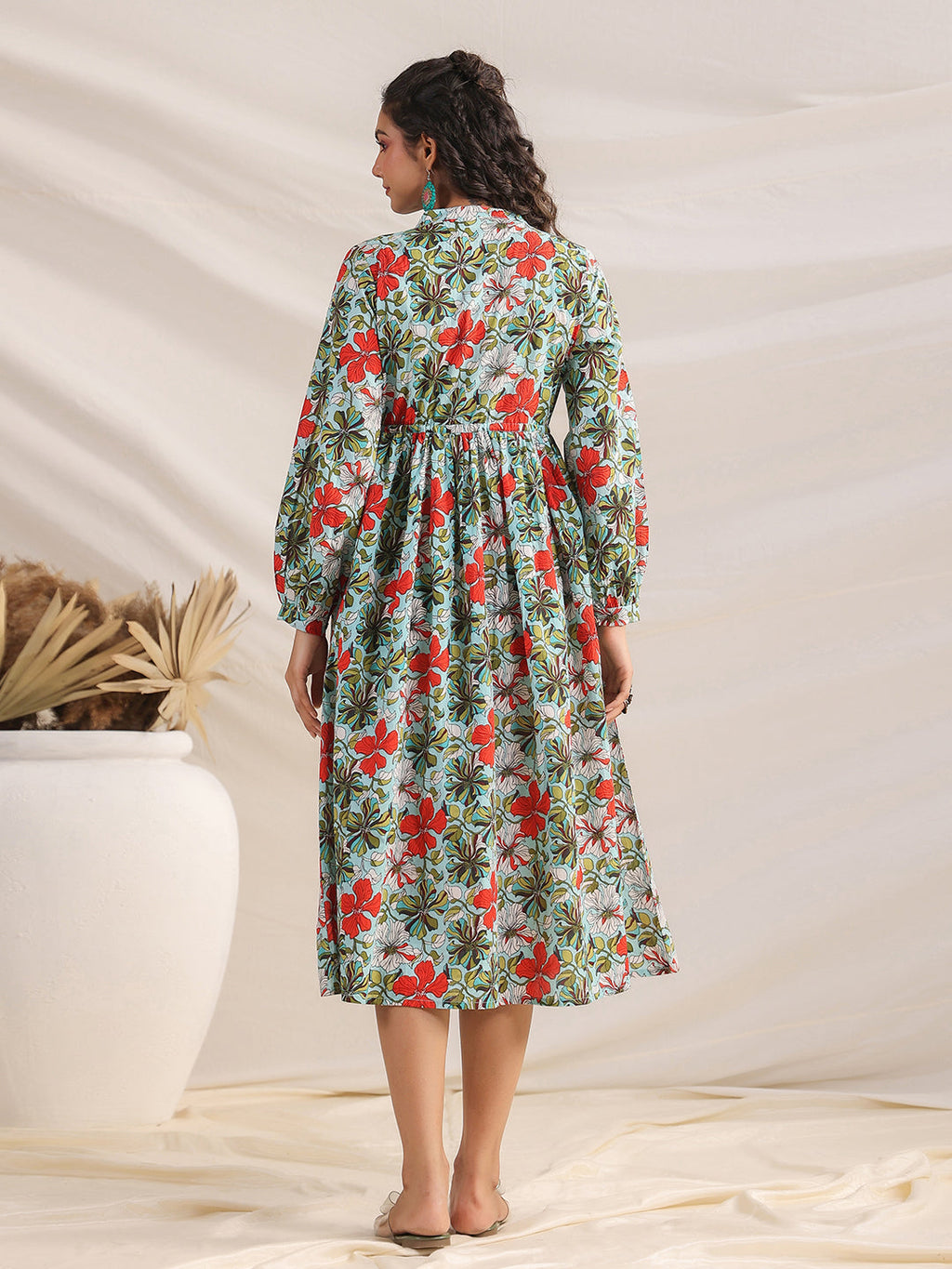 Janasya Pleated Cambric Blue Floral Band Collar Dress | Grocsy