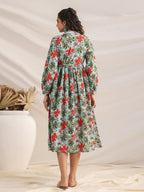 Janasya Pleated Cambric Blue Floral Band Collar Dress | Grocsy