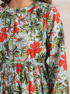 Janasya Pleated Cambric Blue Floral Band Collar Dress | Grocsy