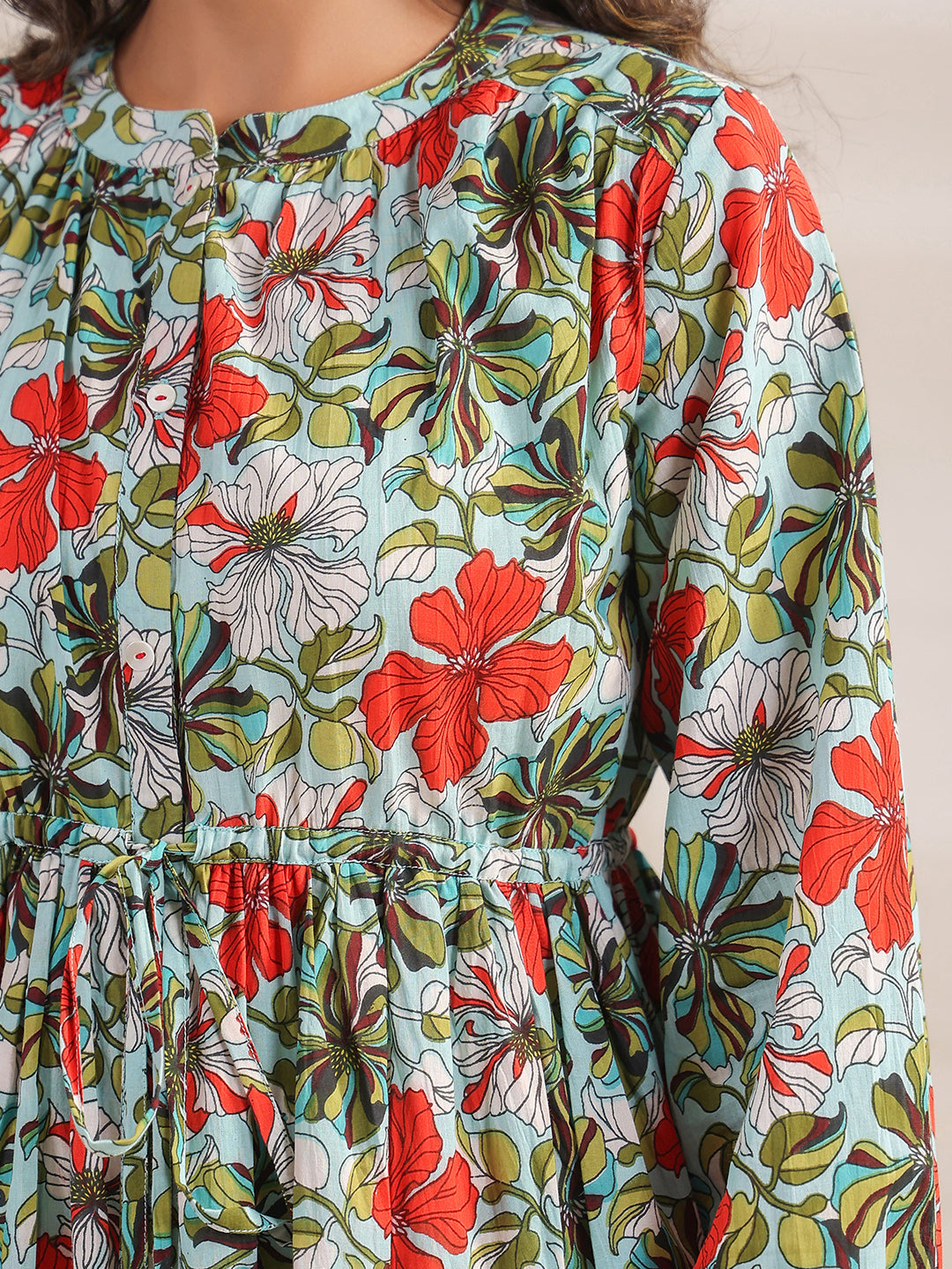 Janasya Pleated Cambric Blue Floral Band Collar Dress | Grocsy