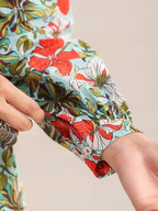 Janasya Pleated Cambric Blue Floral Band Collar Dress | Grocsy