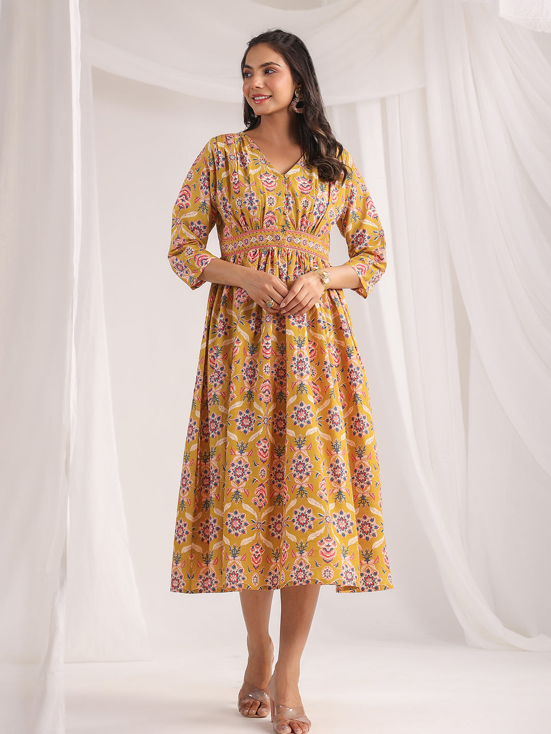 Janasya Gathered Cambric Mustard Ethnic Motifs V-Neck Dress | Grocsy
