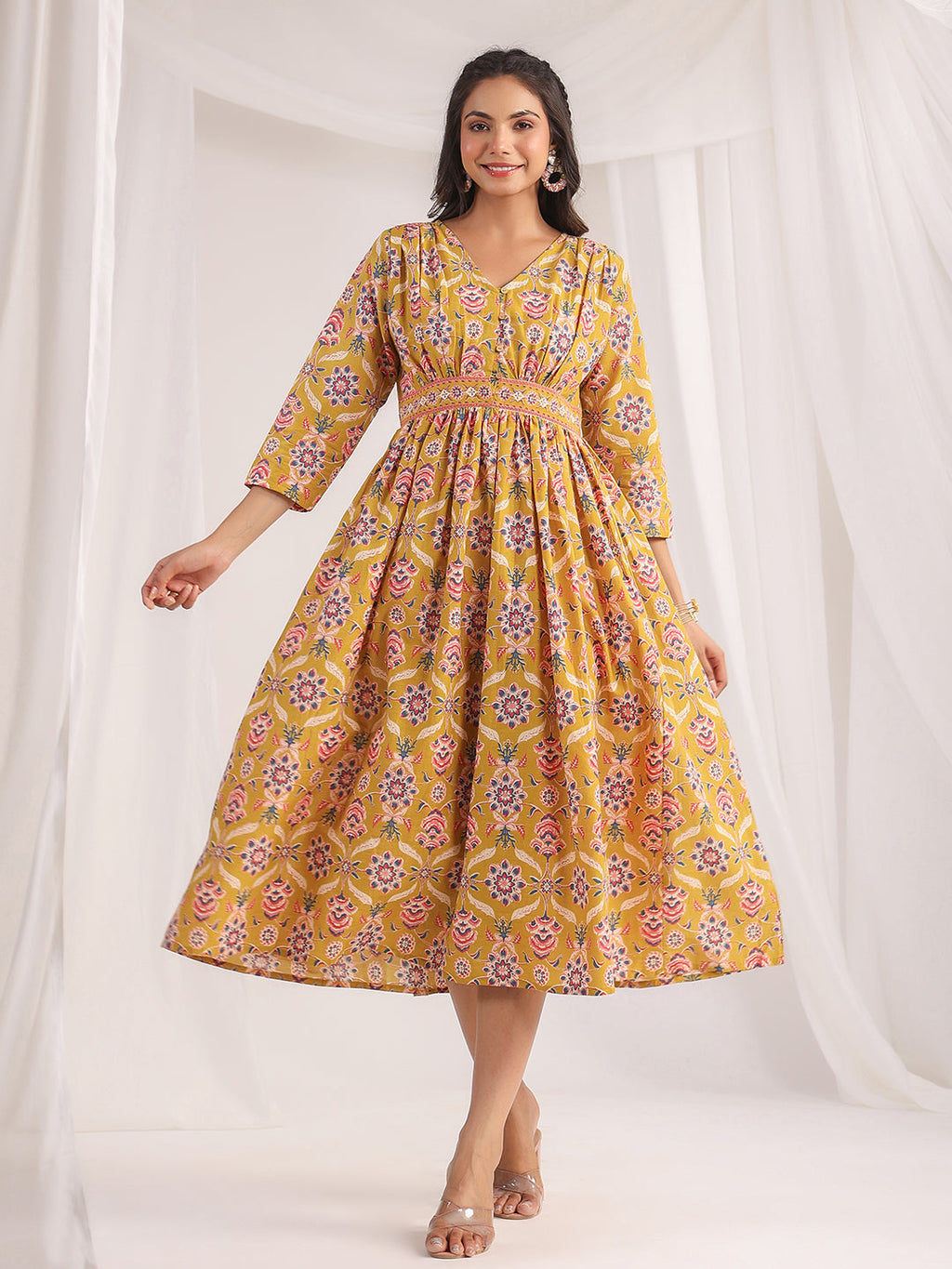 Janasya Gathered Cambric Mustard Ethnic Motifs V-Neck Dress | Grocsy