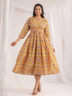 Janasya Gathered Cambric Mustard Ethnic Motifs V-Neck Dress | Grocsy