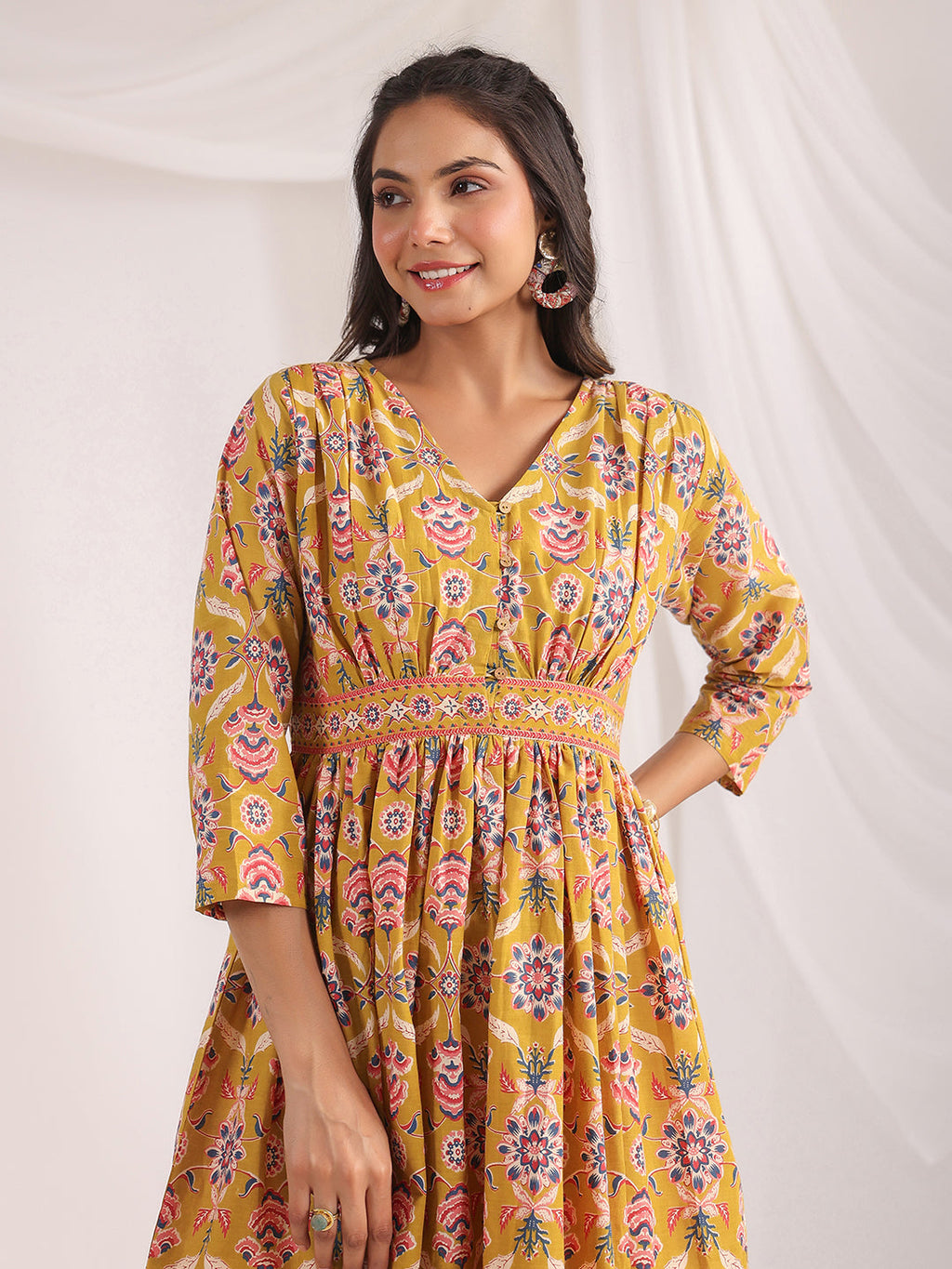 Janasya Gathered Cambric Mustard Ethnic Motifs V-Neck Dress | Grocsy