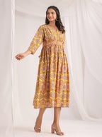 Janasya Gathered Cambric Mustard Ethnic Motifs V-Neck Dress | Grocsy