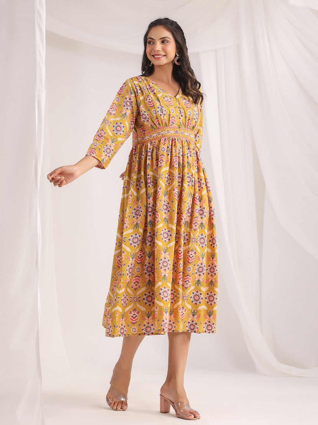 Janasya Gathered Cambric Mustard Ethnic Motifs V-Neck Dress | Grocsy