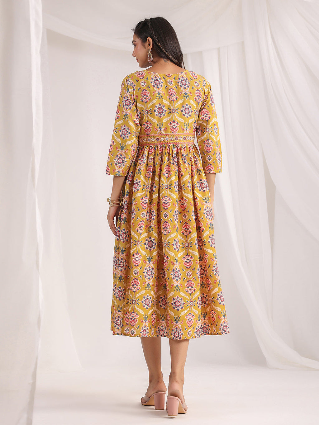 Janasya Gathered Cambric Mustard Ethnic Motifs V-Neck Dress | Grocsy