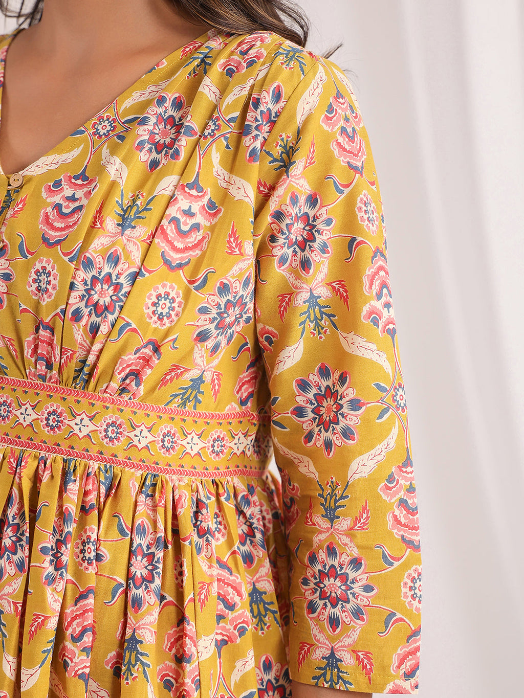 Janasya Gathered Cambric Mustard Ethnic Motifs V-Neck Dress | Grocsy