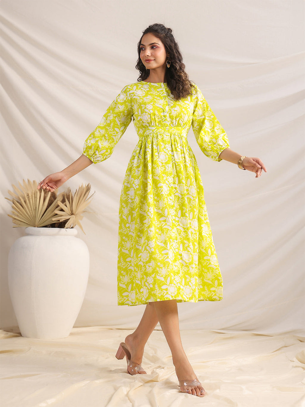 Janasya Lime Cambric Floral Dress | Grocsy