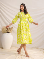 Janasya Lime Cambric Floral Dress | Grocsy